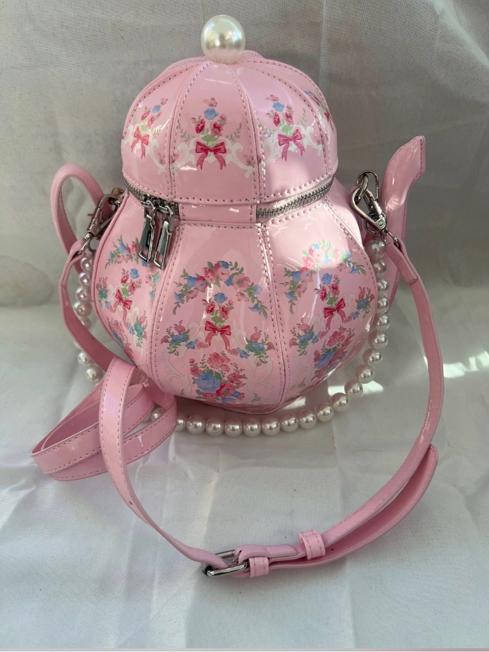 Pink Floral Pearl-Accent Teapot Crossbody Bag